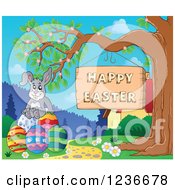 Clipart Of A Bunny Rabbit Sitting On Eggs By A Happy Easter Sign Royalty Free Vector Illustration