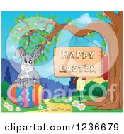 Clipart Of A Bunny Rabbit Sitting On An Egg By A Happy Easter Sign Royalty Free Vector Illustration