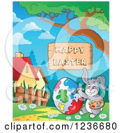 Clipart Of A Bunny Rabbit Painting A Giant Egg By A Happy Easter Sign Royalty Free Vector Illustration