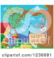 Clipart Of A Bunny Rabbit Holding A Happy Easter Sign Around A Tree By Eggs Royalty Free Vector Illustration