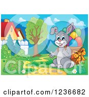 Clipart Of A Gray Bunny Carrying A Basket Of Easter Eggs On His Back In A Meadow Royalty Free Vector Illustration