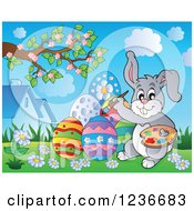 Clipart Of A Gray Easter Bunny Painting Eggs Royalty Free Vector Illustration