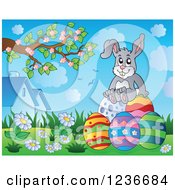 Clipart Of A Gray Easter Bunny Sitting On Eggs Royalty Free Vector Illustration