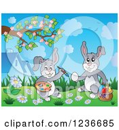 Clipart Of Gray Easter Bunny Rabbits Painting Eggs Royalty Free Vector Illustration