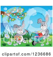 Clipart Of Gray Easter Bunny Rabbits Painting Eggs In A Wheelbarrow Royalty Free Vector Illustration