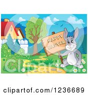 Clipart Of A Bunny Rabbit Holding A Happy Easter Sign In A Meadow Royalty Free Vector Illustration