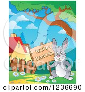 Clipart Of A Bunny Rabbit Holding A Happy Easter Sign In A Meadow 2 Royalty Free Vector Illustration