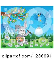 Poster, Art Print Of Blue Bird And Gray Easter Bunny Painting An Egg
