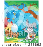 Poster, Art Print Of Blue Bird And Gray Easter Bunny Painting An Egg 2