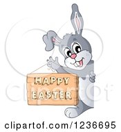 Clipart Of A Bunny Rabbit Holding A Happy Easter Sign And Looking Around An Edge Royalty Free Vector Illustration