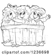 Clipart Of Black And White Happy Children Looking Over A Wooden Fence Royalty Free Vector Illustration by visekart