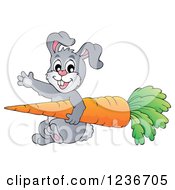 Friendly Gray Bunny Waving And Carrying A Giant Carrot