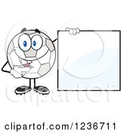 Happy Smilling Soccer Ball Character Holding And Pointing To A Sign