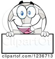 Clipart Of A Happy Smilling Soccer Ball Character Over A Sign Royalty Free Vector Illustration