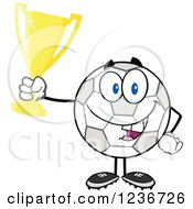Happy Soccer Ball Character Holding A Gold Trophy