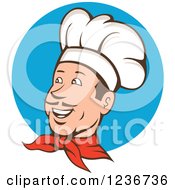 Poster, Art Print Of Happy Male Chef With A Mustache Over A Blue Circle