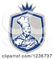 Poster, Art Print Of Retro Woodcut Male Chef Baker Holding Bread In A Shield