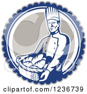Clipart Of A Retro Male Chef Baker Carrying A Basket Of Bread In A Circle Royalty Free Vector Illustration