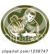 Retro Woodcut Organic Farmer With Produce In A Green Oval