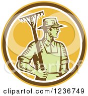 Poster, Art Print Of Retro Woodcut Male Farmer Holding A Rake In A Yellow Circle