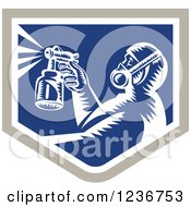 Clipart Of A Retro Woodcut Painter Using A Spray Gun In A Blue Shield Royalty Free Vector Illustration