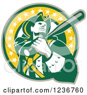 Clipart Of A Retro Patriot Soldier Baseball Player With A Bat Over His Shoulder In A Yellow And Green American Circle Royalty Free Vector Illustration