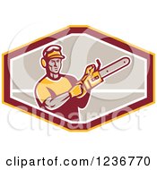 Clipart Of A Retro Male Arborist Using A Chain Saw In An Octagon Royalty Free Vector Illustration