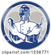 Retro Woodcut Barber In A Blue And Gray Circle Holding Scissors And Clippers