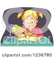 Happy Blond Girl Writing At A Desk At Night