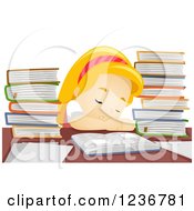 Poster, Art Print Of Tired Blond School Girl Sleeping At A Desk With Books