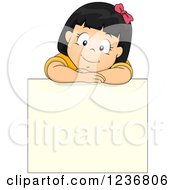 Poster, Art Print Of Happy Asian Girl Resting On Top Of A Blank Sign Board