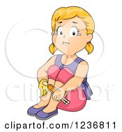 Clipart Of A Lonely Blond Girl Crying And Holding A Doll Royalty Free Vector Illustration