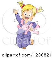 Energetic Blond Girl In Pajamas Jumping With A Stuffed Rabbit