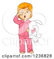 Tired Red Haired Girl Rubbing Her Eyes Yawning And Holding A Stuffed Rabbit