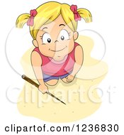 Poster, Art Print Of Happy Blond Girl Kneeling And Writing In Beach Sand With A Stick