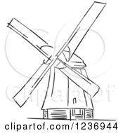 Clipart Of A Black And White Sketched Moulin Rouge Windmill Royalty Free Vector Illustration
