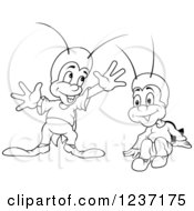 Clipart Of Outlined Happy Crickets Royalty Free Vector Illustration by dero