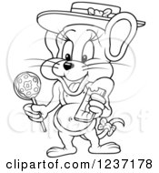 Clipart Of A Outlined Female Mouse With A Hat And Candy Royalty Free Vector Illustration