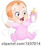 Poster, Art Print Of Happy Caucasian Baby Girl Holding A Bottle