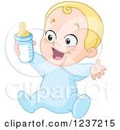 Blond Happy Caucasian Baby Boy Holding A Bottle