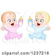 Poster, Art Print Of Caucasian Baby Boy And Girl Holding Bottles