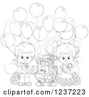 Poster, Art Print Of Outlined School Boy And Girl With A Backpack And Party Balloons