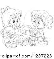 Poster, Art Print Of Black And White Two Happy Girls Playing With Toys