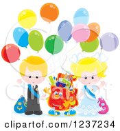 Poster, Art Print Of Caucasian School Boy And Girl With A Backpack And Party Balloons