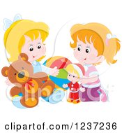 Poster, Art Print Of Two Happy Caucasian Girls Playing With Toys