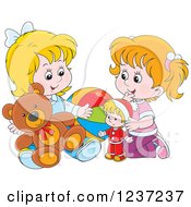 Poster, Art Print Of Two Happy White Girls Playing With Toys