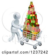 Poster, Art Print Of 3d Silver Man Pushing A Shopping Cart Full Of Presents