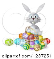 Clipart Of A Happy Gray Bunny With Easter Eggs And A Basket Royalty Free Vector Illustration