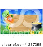 Poster, Art Print Of St Patricks Day Leprechaun Pointing To A Wood Sign With Grass A Pot Of Gold And Blue Sky