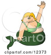 Chubby Female Blond Mermaid In A Green Bikini Top Waving Clipart Picture